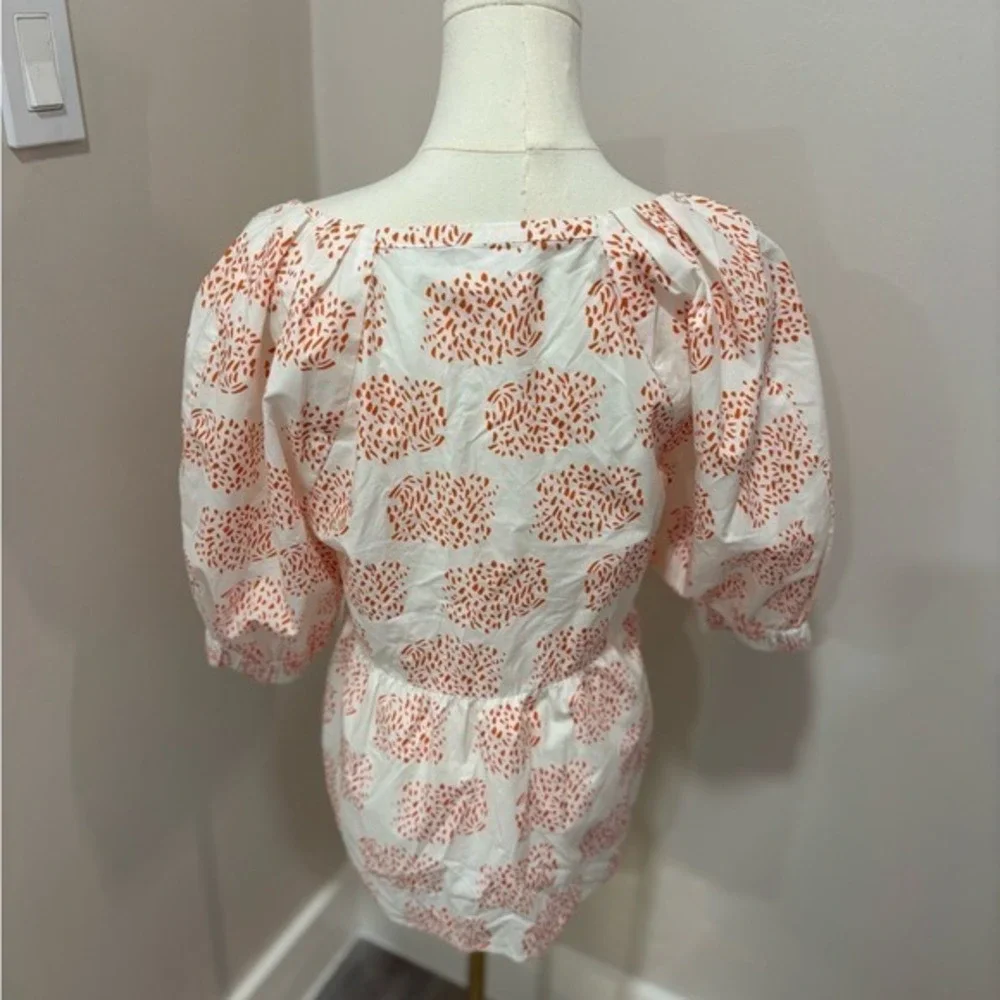 Anthropologie Moglea Orange White Abstract Print‎ Puff Sleeve Babydoll Top XS